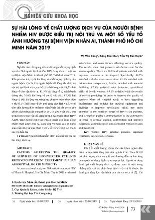Sự hài lòng về chất lượng dịch vụ của người bệnh nhiễm HIV được điều trị nội trú và một số yếu tố ảnh hưởng tại bệnh viện nhân ái, thành phố Hồ Chí Minh năm 2019