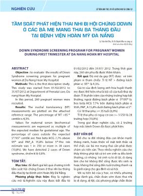 Tầm soát phát hiện thai nhi bị hội chứng down ở các bà mẹ mang thai ba tháng đầu tại Bệnh viện Hoàn Mỹ Đà Nẵng