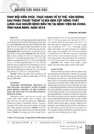 Thay đổi kiến thức, thực hành về tư thế, vận động sau phẫu thuật thoát vị đĩa đệm cột sống thắt lưng của người bệnh điều trị tại Bệnh viện Đa khoa tỉnh Nam Định, năm 2018