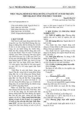 Thực trạng bệnh đái tháo đường ở người từ 25 tuổi trở lên trên địa bàn tỉnh Vĩnh Phúc năm 2018