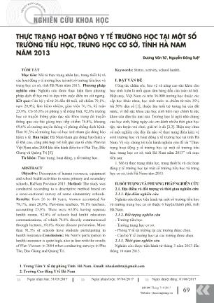 Thực trạng hoạt động y tế trường học tại một số trường tiểu học, trung học cơ sở, tỉnh Hà Nam năm 2013