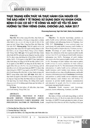 Thực trạng kiến thức và thực hành của người có thẻ bảo hiểm y tế trong sử dụng dịch vụ khám chữa bệnh ở các cơ sở y tế công và một số yếu tố ảnh hưởng tại tỉnh Viêng Chăn, CHDCND Lào, năm 2017