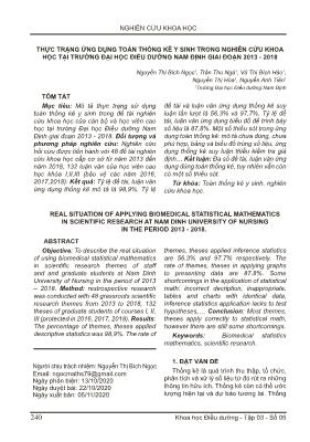 Thực trạng ứng dụng toán thống kê y sinh trong nghiên cứu khoa học tại trường Đại học Điều dưỡng Nam Định giai đoạn 2013-2018