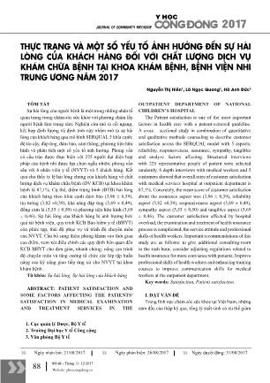 Thực trạng và một số yếu tố ảnh hưởng đến sự hài lòng của khách hàng đối với chất lượng dịch vụ khám chữa bệnh tại khoa khám bệnh, Bệnh viện Nhi Trung Ương năm 2017