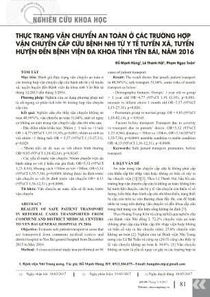 Thực trạng vận chuyển an toàn ở các trường hợp vận chuyển cấp cứu bệnh nhi từ y tế tuyến xã, tuyến huyện đến bệnh viện đa khoa tỉnh Yên Bái, năm 2016