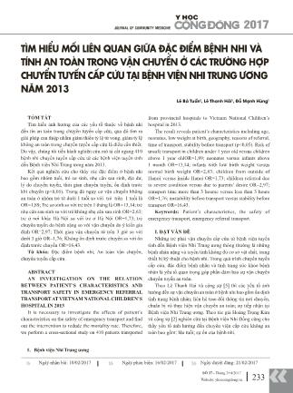 Tìm hiểu mối liên quan giữa đặc điểm bệnh nhi và tính an toàn trong vận chuyển ở các trường hợp chuyển tuyến cấp cứu tại Bệnh viện Nhi Trung Ương năm 2013