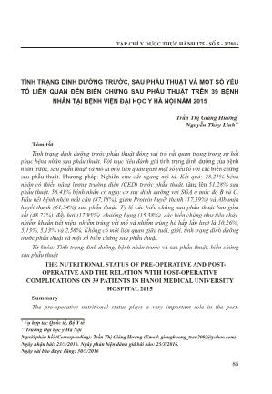 Tình trạng dinh dưỡng trước, sau phẫu thuật và một số yếu tố liên quan đến biến chứng sau phẫu thuật trên 39 bệnh nhân tại bệnh viện Đại học Y Hà Nội năm 2015