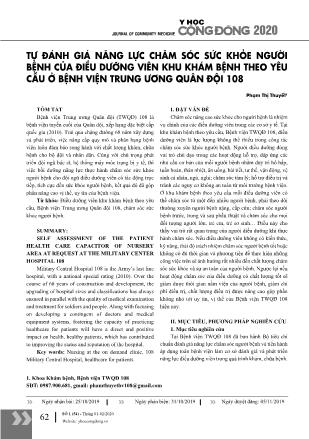 Tự đánh giá năng lực chăm sóc sức khỏe người bệnh của điều dưỡng viên khu khám bệnh theo yêu cầu ở Bệnh viện Trung Ương Quân Đội 108