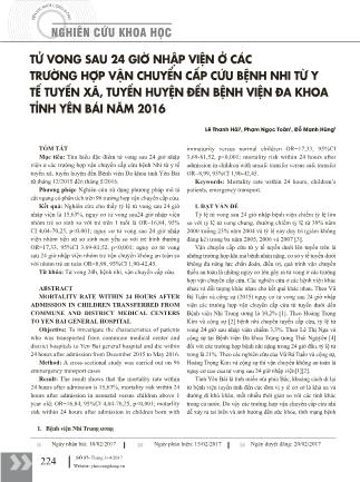 Tử vong sau 24 giờ nhập viện ở các trường hợp vận chuyển cấp cứu bệnh nhi từ y tế tuyến xã, tuyến huyện đến Bệnh viện Đa khoa tỉnh Yên Bái năm 2016