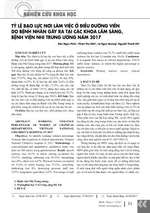 Tỷ lệ bạo lực nơi làm việc ở điều dưỡng viên do bệnh nhân gây ra tại các khoa lâm sàng, Bệnh viện Nhi Trung Ương năm 2017