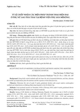 Tỷ lệ chấp nhận các biện pháp tránh thai hiện đại ở phụ nữ sau phá thai tại Bệnh viện Phụ sản Mêkông