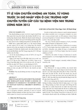 Tỷ lệ vận chuyển không an toàn, tử vong trước 24 giờ nhập viện ở các trường hợp chuyển tuyến cấp cứu tại Bệnh viện Nhi Trung Ương năm 2013