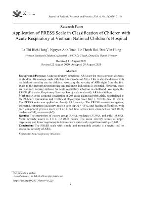 Ứng dụng thang điểm PRESS trong phân loại nhiễm khuẩn hô hấp cấp ở trẻ em tại Bệnh viện Nhi Trung ương