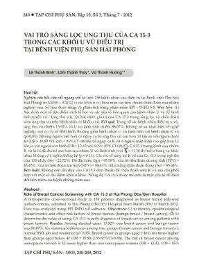 Vai trò sàng lọc ung thư của ca 15-3 trong các khối u vú điều trị tại Bệnh viện Phụ sản Hải Phòng